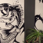 black white fish mural